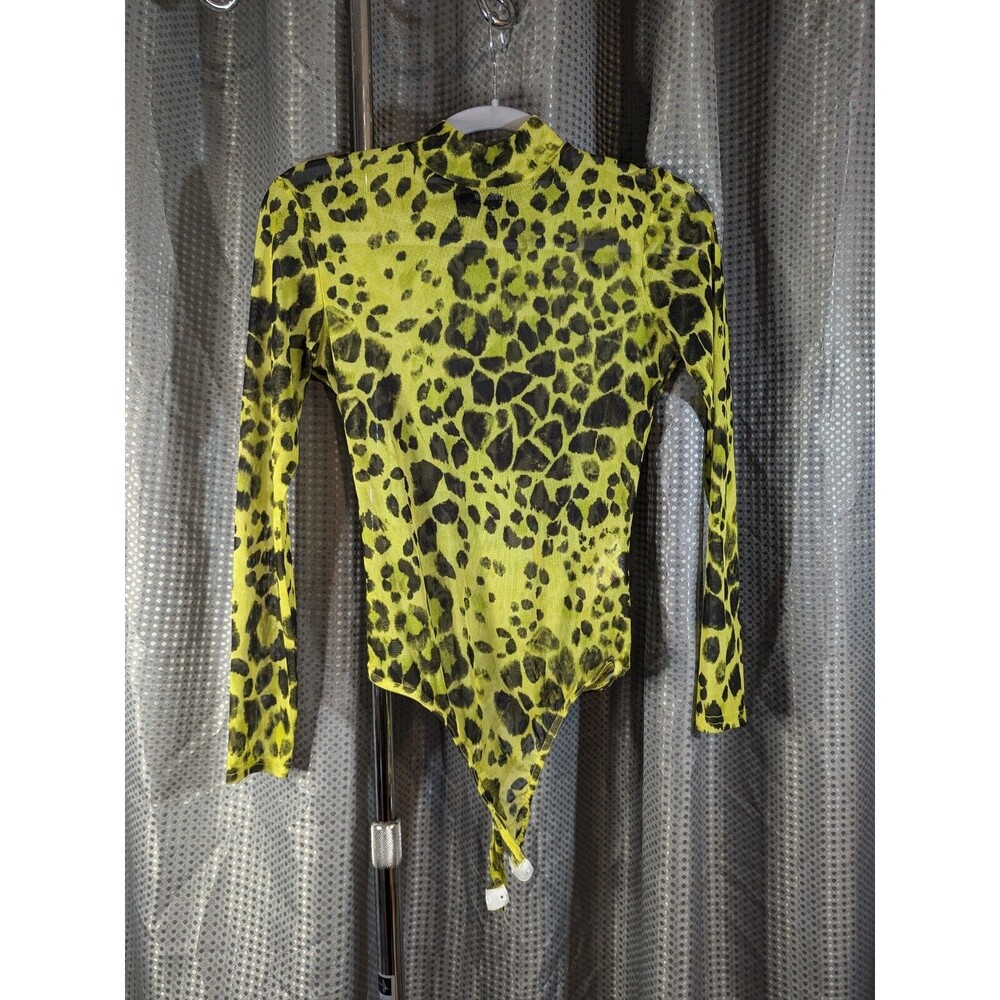 Missguided Womens Size 6 Long Sleeve Sheer Mesh Animal Print Bodysuit Neon (D03)